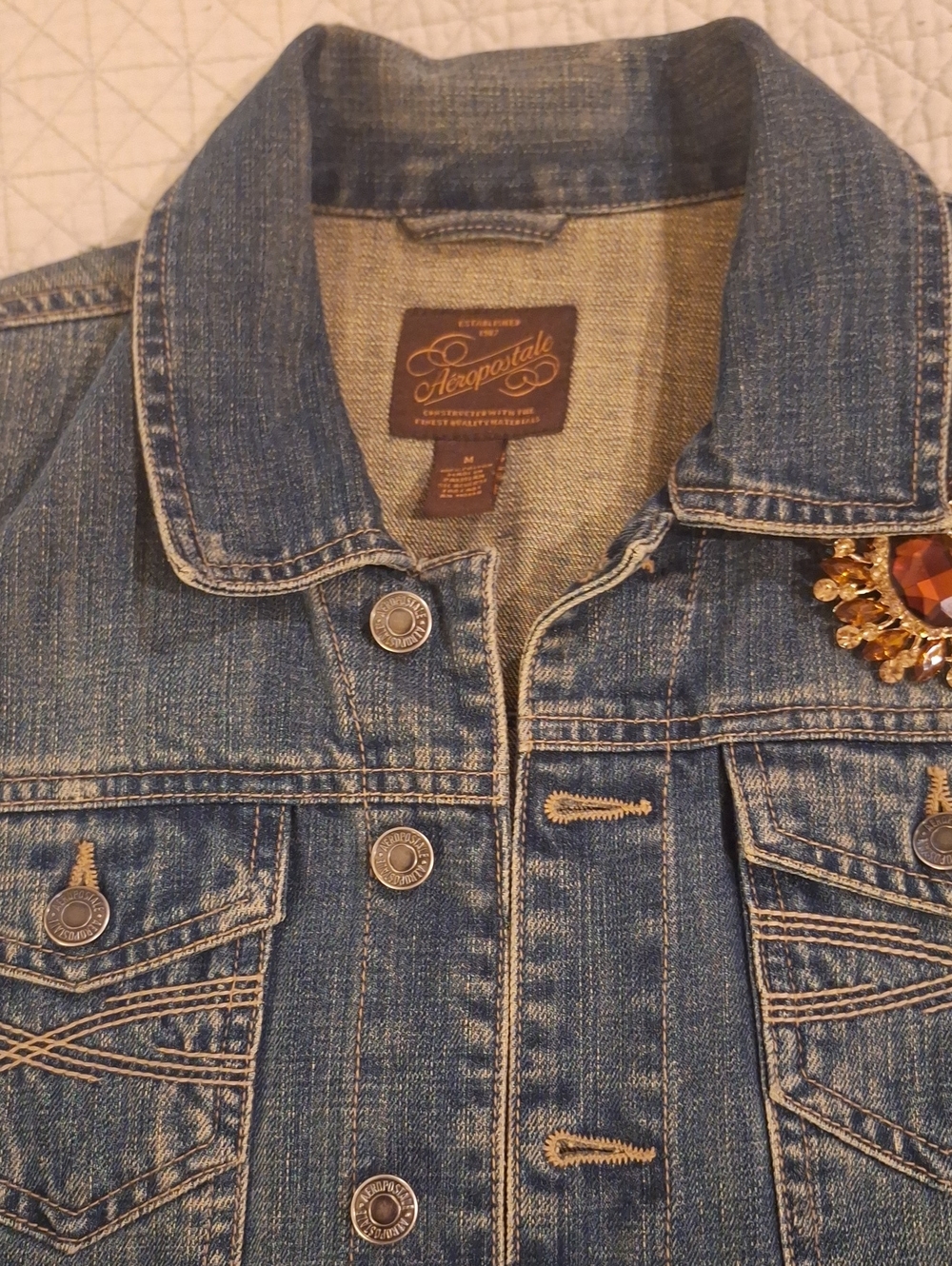 Aeropostale denim jacket with Gold-Tone Brooch with Amber and tan Crystals